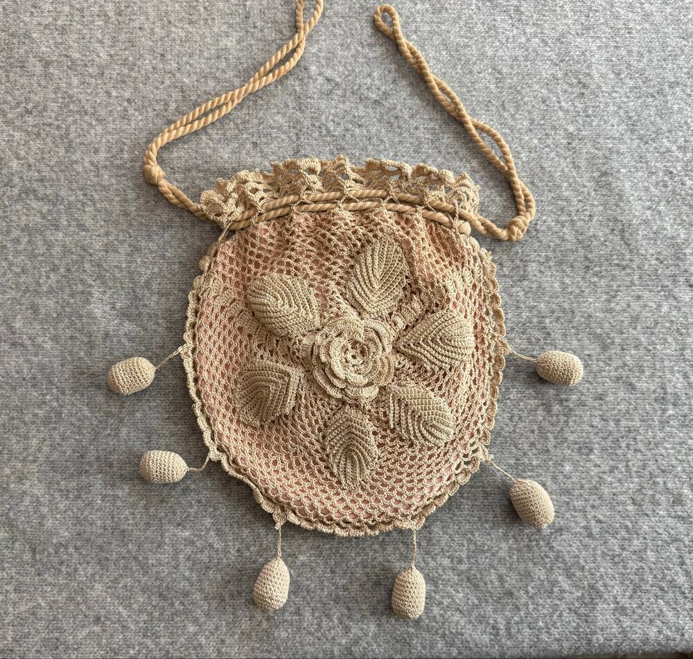 Handmade Irish Crochet Rose Doily Reticule Drawstring Cottagecore Lace Purse
